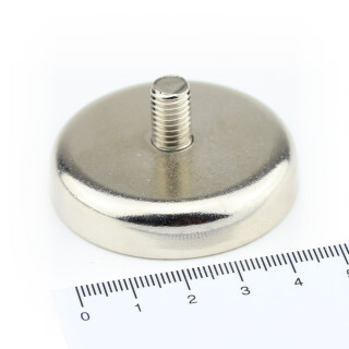 Neodymium flat pot magnets Ø 48 x 115 mm, with threaded neck - 75 kg / 750 N