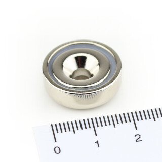 Neodymium flat pot magnets Ø 20 x 7 mm, with counterbore - 9 kg / 90 N