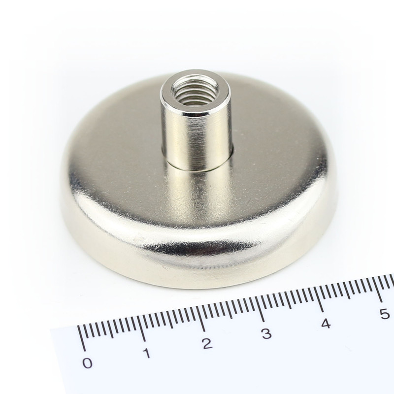 Neodymium flat pot magnets Ø 48 x 10 mm, with screwed bush - 75 kg / 750 N
