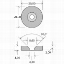 Neodymium magnets 20x4,2x4 with counterbore North black Epoxy - pull force 7,5 kg -