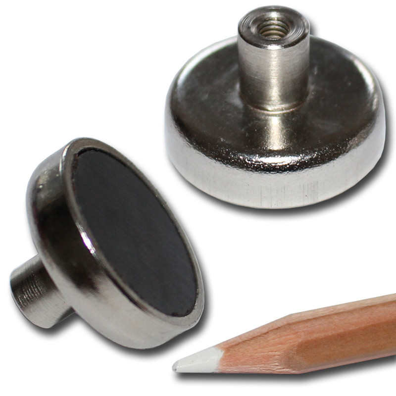 Ferrite flat pot magnets Ø 25 x 7 mm, with screwed bush M4x8mm - 4 kg / 40 N