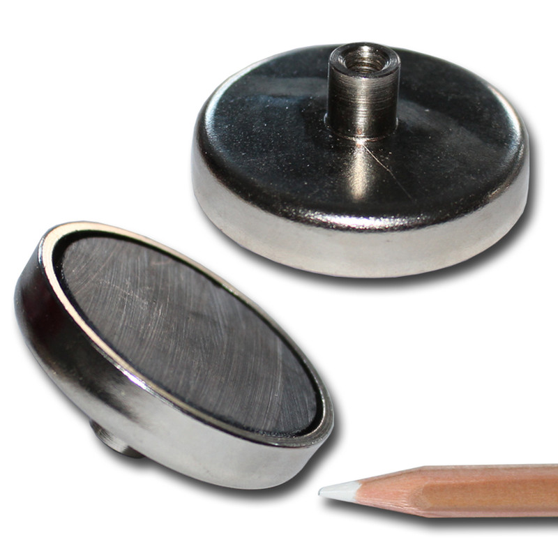 Ferrite flat pot magnets Ø 50 x 10 mm, with screwed bush M6x10mm - 22 kg / 220 N