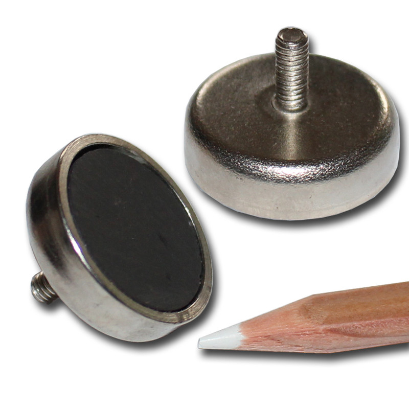 Hard ferrite flat pot magnets Ø 25 x 7 mm, with threaded neck M4x8mm - 4 kg / 40 N