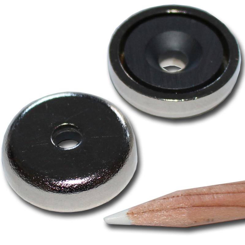 Ferrite flat pot magnets Ø 25 x 7 mm, with counterbore - 3,6 kg / 36 N