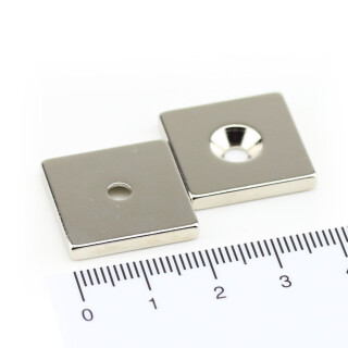 Neodym Magnete 20x20x3 mm NdFeB N40 SÜD Senkung NICKEL