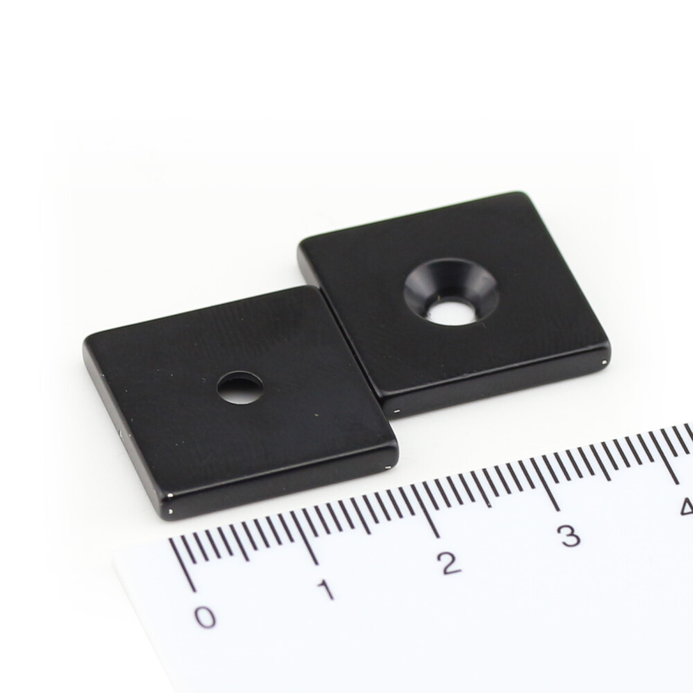 Neodymium magnets 20x20x3 with counterbore Black South 3,5 mm N40 - pull force 5 kg -