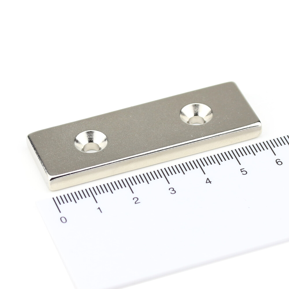 Neodymium magnets 60x20x5 with 2x bore counterbore North 4,2 mm N40 - pull force 26 kg