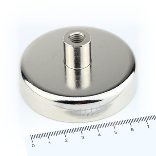 Neodymium flat pot magnets Ø 75 x 18,5 mm, with screwed bush - 155 kg / 1550 N