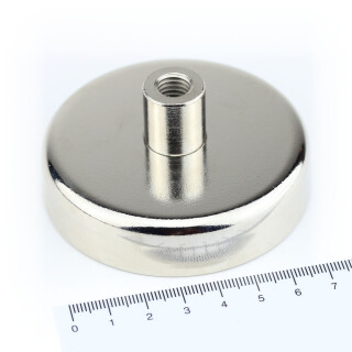 Neodymium flat pot magnets Ø 75 x 18,5 mm, with screwed bush - 155 kg / 1550 N