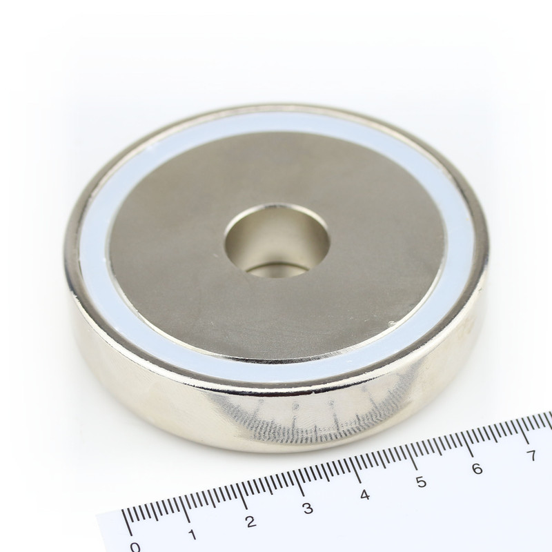 Neodymium flat pot magnets Ø75x18 mm, with bore - 145 kg / 1450 N